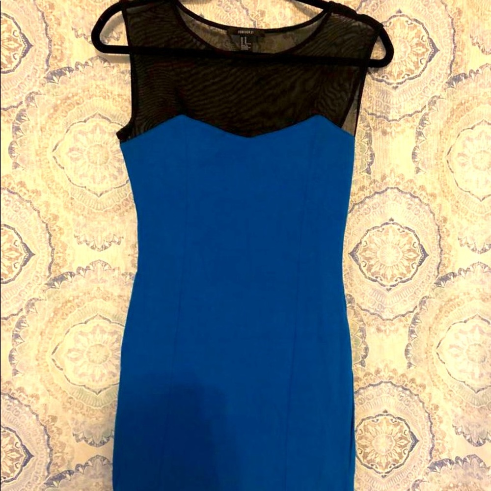 NWOT electric blue dress with black mesh